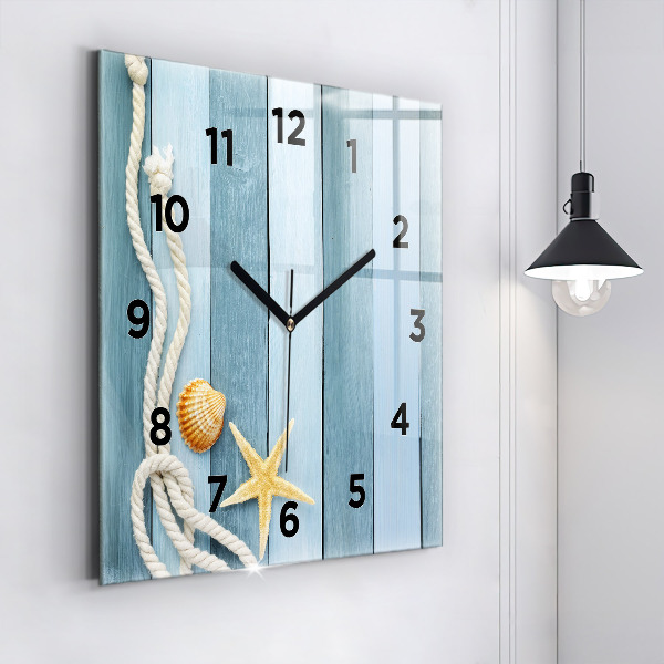 Square glass wall clock Boards stripes and shell