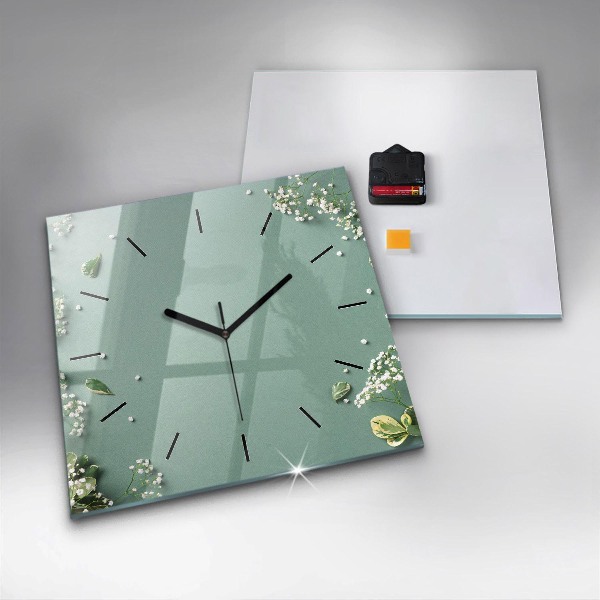 Square glass wall clock Delicate flowers