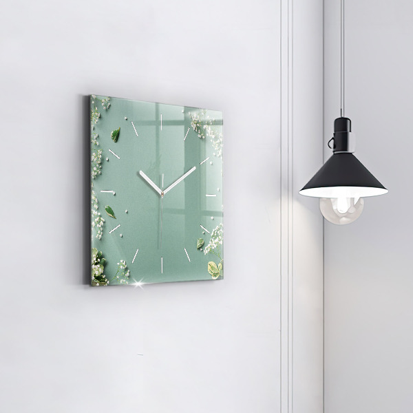 Square glass wall clock Delicate flowers