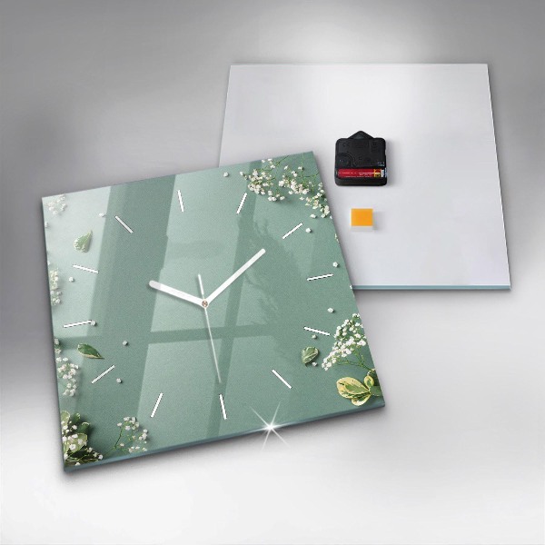 Square glass wall clock Delicate flowers