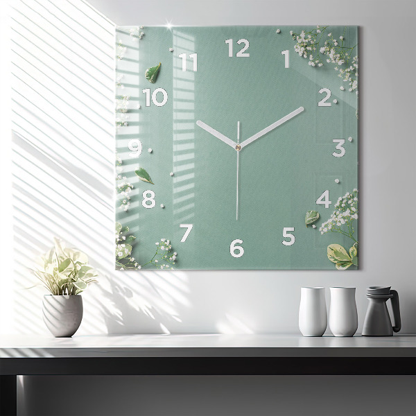 Square glass wall clock Delicate flowers