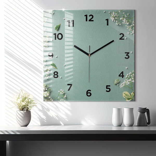 Square glass wall clock Delicate flowers