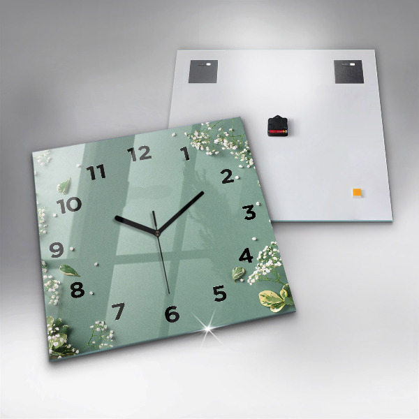 Square glass wall clock Delicate flowers