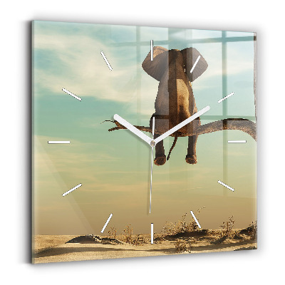Square glass wall clock Elephant on a tree