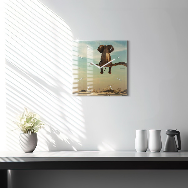 Square glass wall clock Elephant on a tree