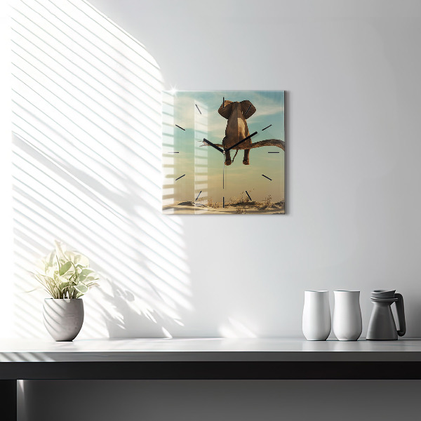 Square glass wall clock Elephant on a tree