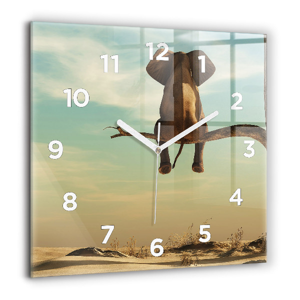 Square glass wall clock Elephant on a tree