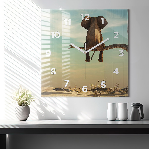 Square glass wall clock Elephant on a tree