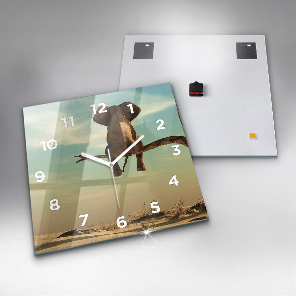 Square glass wall clock Elephant on a tree