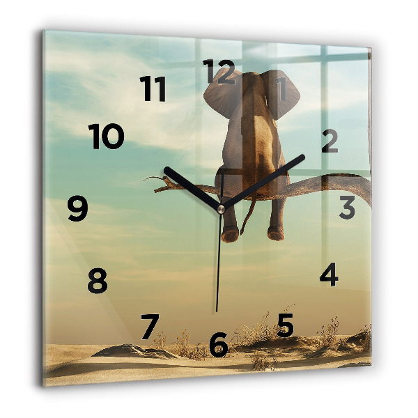 Square glass wall clock Elephant on a tree