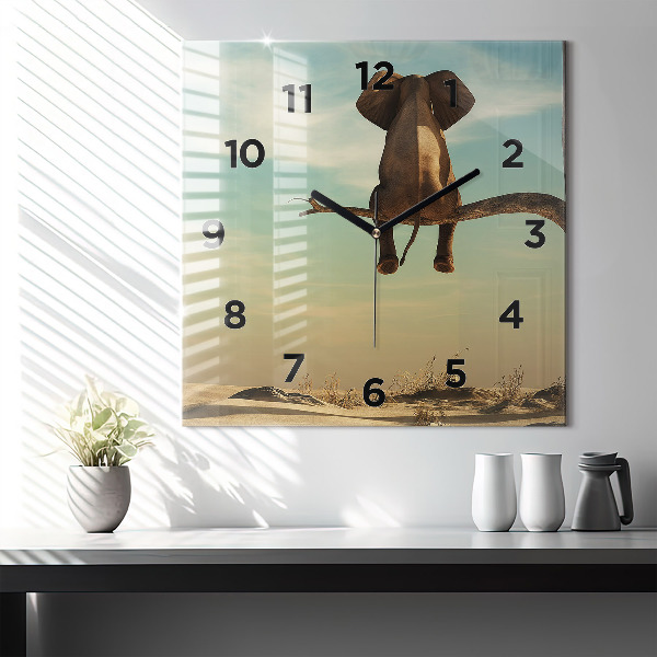 Square glass wall clock Elephant on a tree