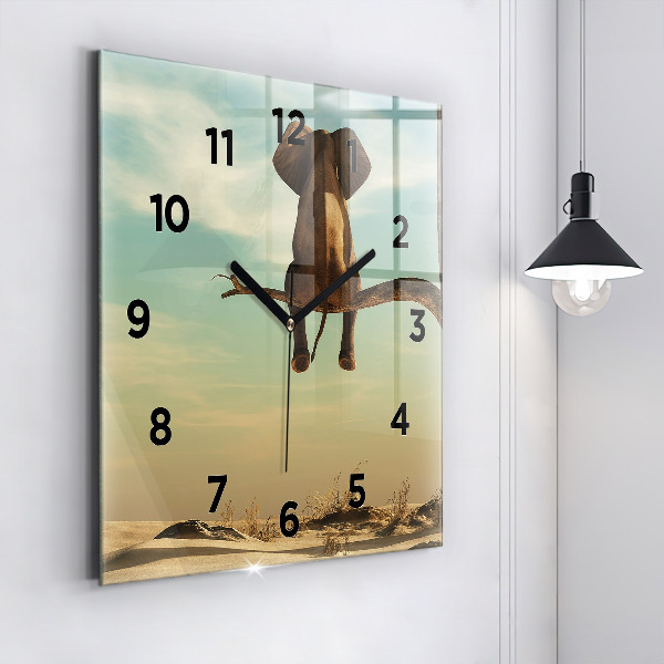 Square glass wall clock Elephant on a tree