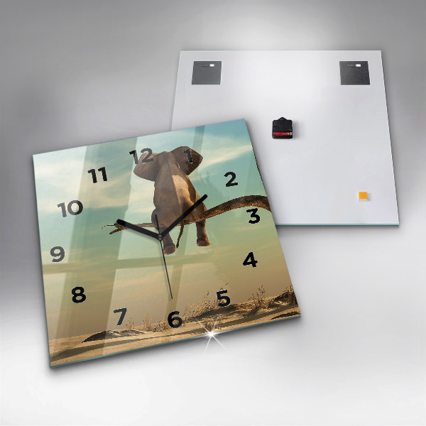 Square glass wall clock Elephant on a tree
