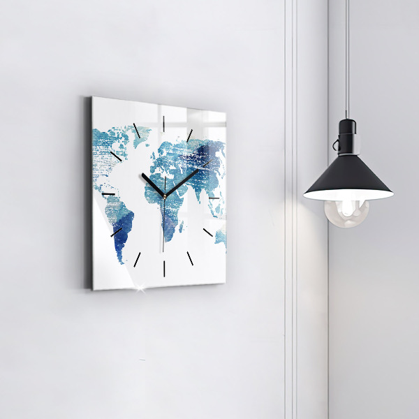 Square glass wall clock World map