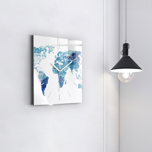 Square glass wall clock World map