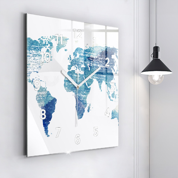 Square glass wall clock World map