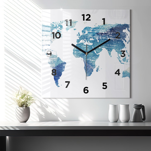 Square glass wall clock World map
