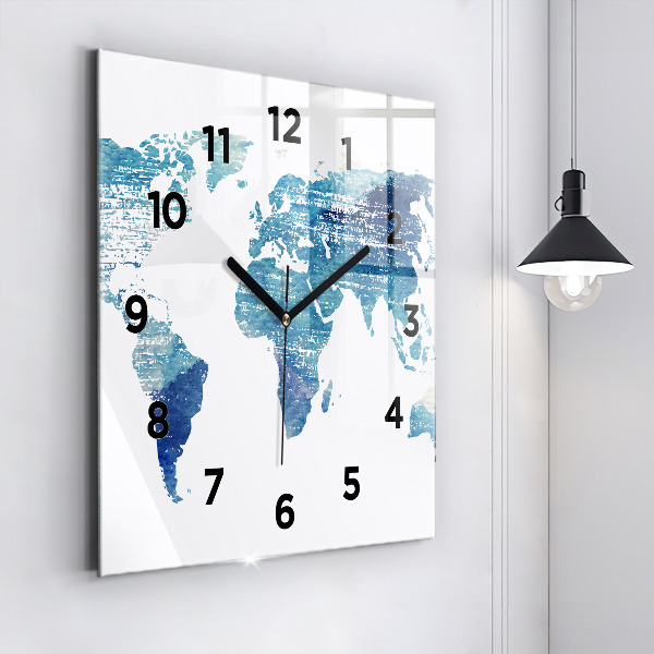 Square glass wall clock World map
