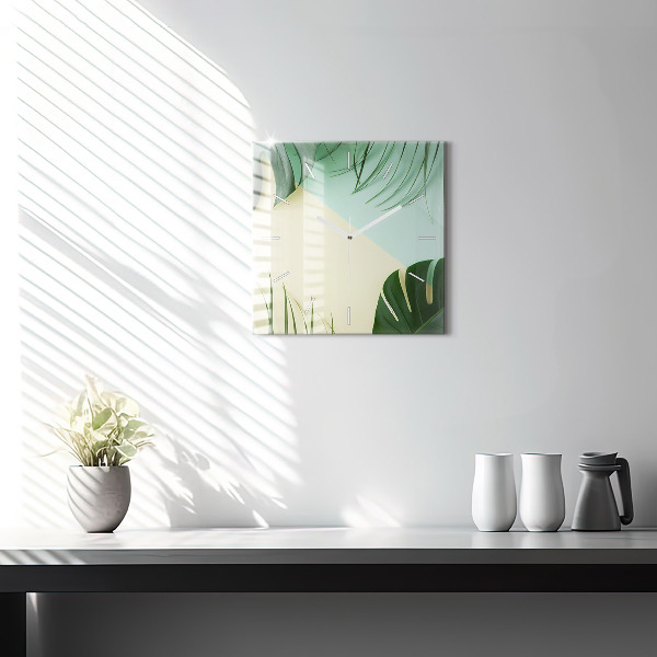 Square glass wall clock Monstera leaves