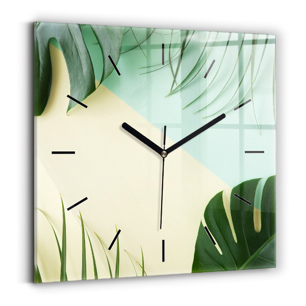 Square glass wall clock Monstera leaves