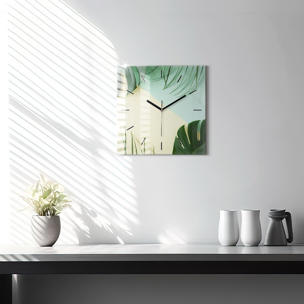 Square glass wall clock Monstera leaves