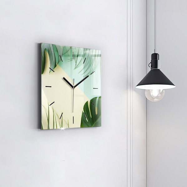 Square glass wall clock Monstera leaves