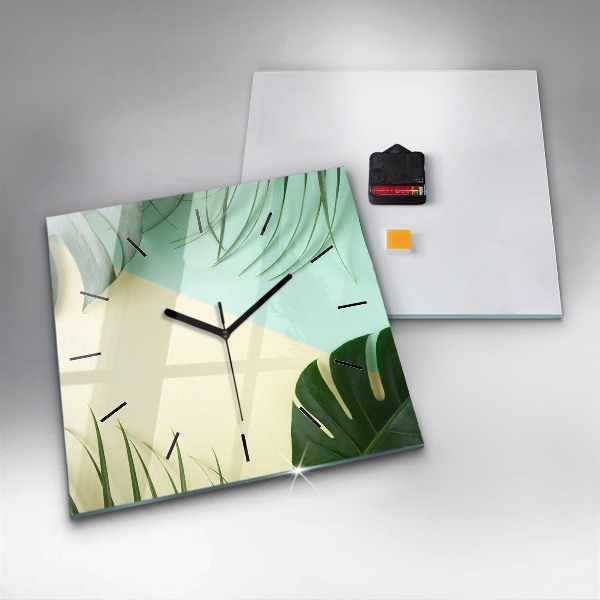 Square glass wall clock Monstera leaves