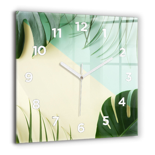 Square glass wall clock Monstera leaves