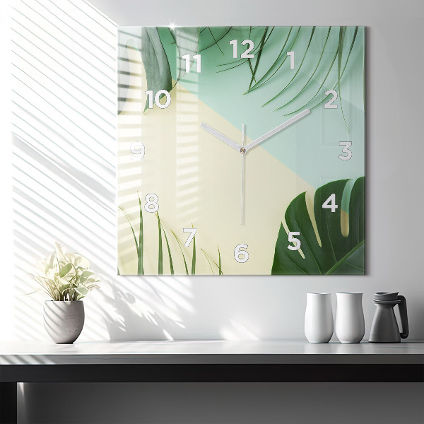 Square glass wall clock Monstera leaves