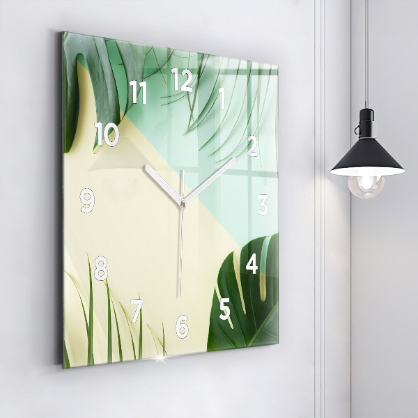 Square glass wall clock Monstera leaves