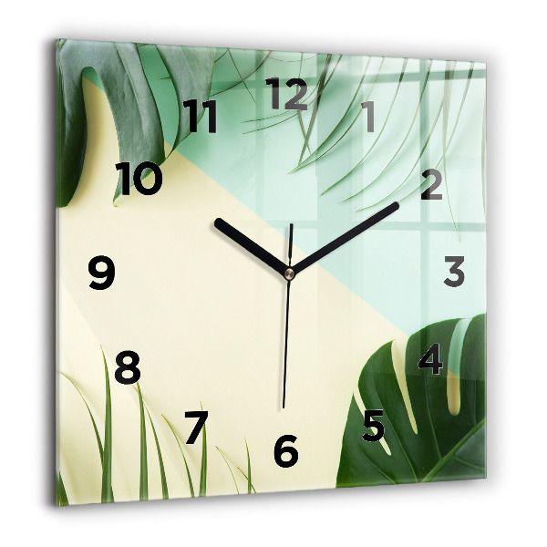 Square glass wall clock Monstera leaves