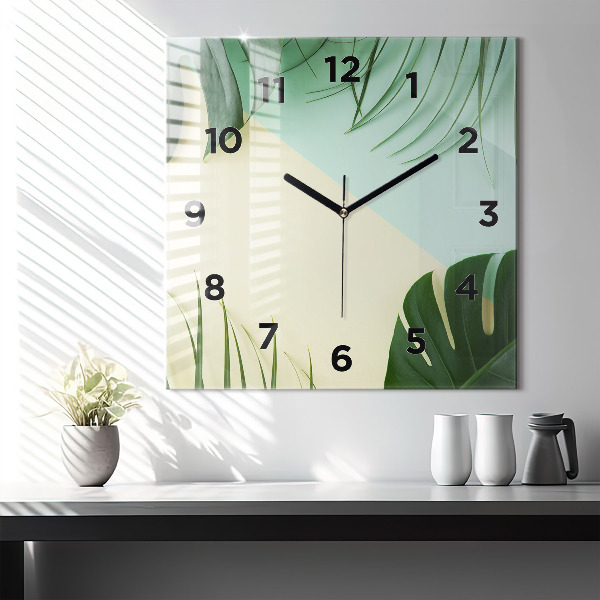 Square glass wall clock Monstera leaves