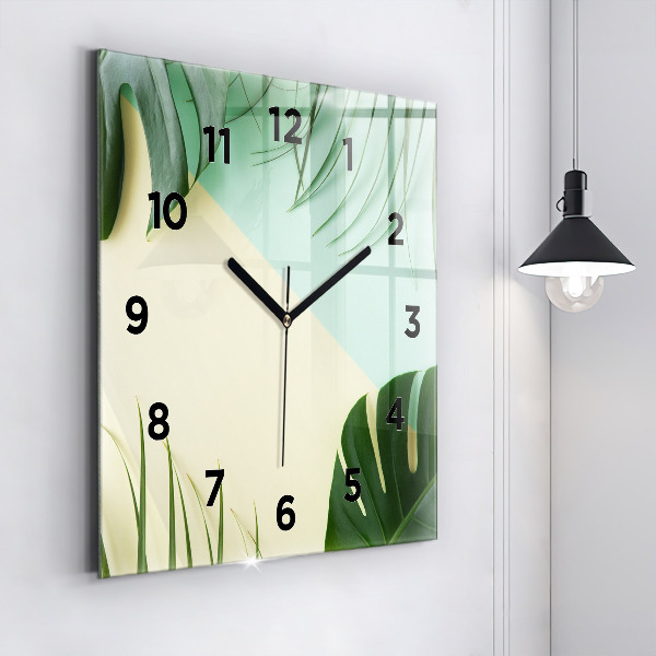 Square glass wall clock Monstera leaves
