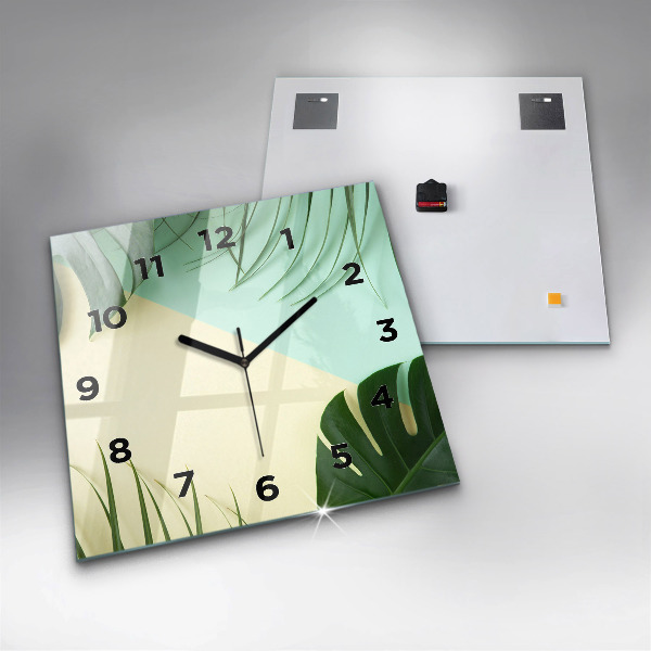Square glass wall clock Monstera leaves