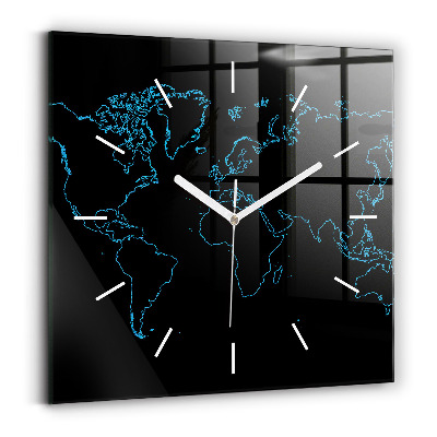Square glass wall clock World map outlines