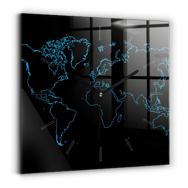 Square glass wall clock World map outlines