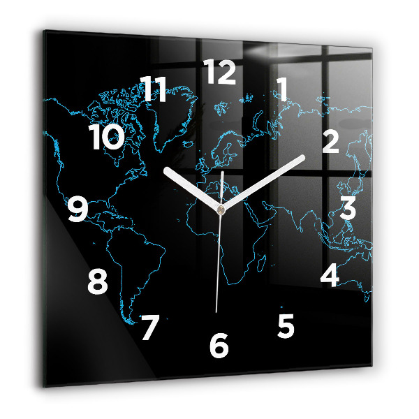 Square glass wall clock World map outlines