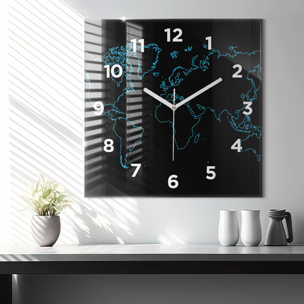 Square glass wall clock World map outlines