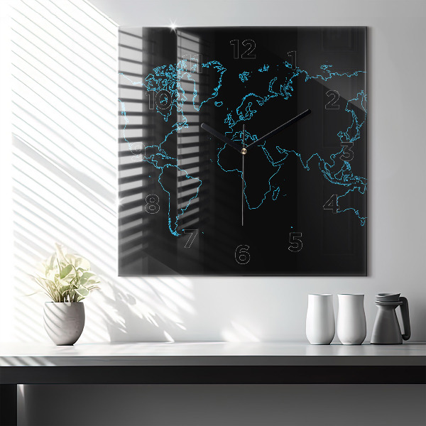 Square glass wall clock World map outlines
