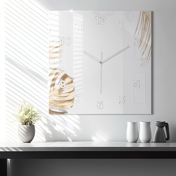 Square glass wall clock Tropical leaves