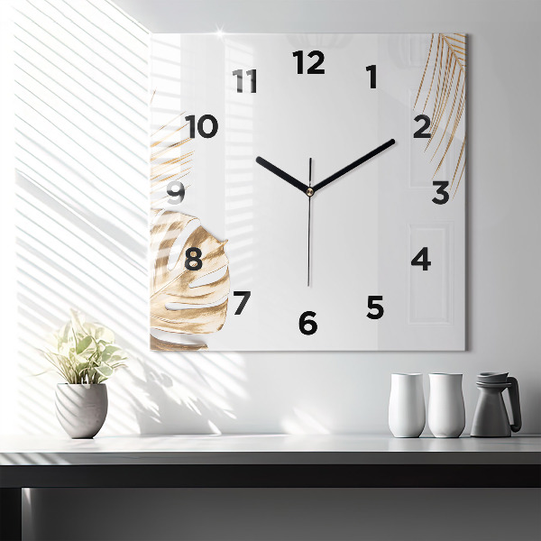 Square glass wall clock Tropical leaves
