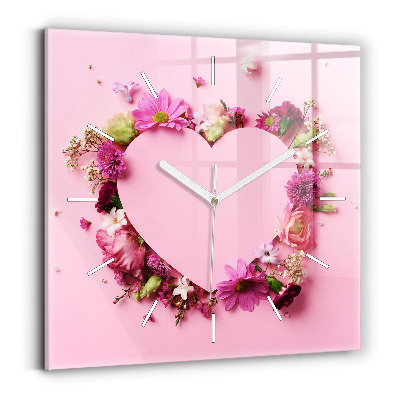 Square glass wall clock Heart of flowers