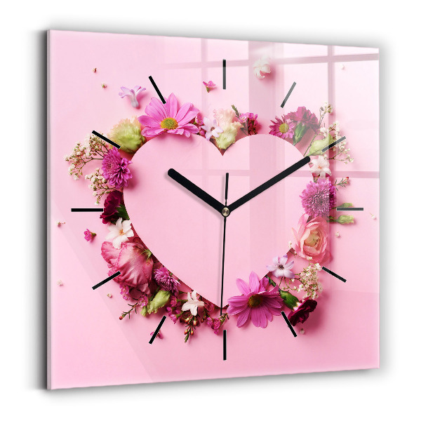 Square glass wall clock Heart of flowers