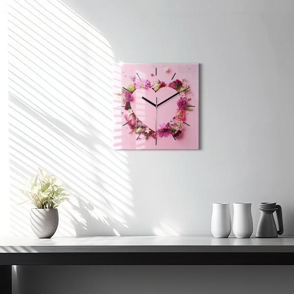 Square glass wall clock Heart of flowers