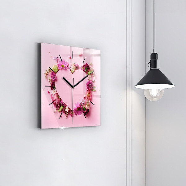 Square glass wall clock Heart of flowers