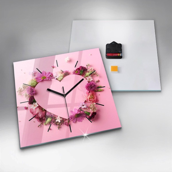 Square glass wall clock Heart of flowers