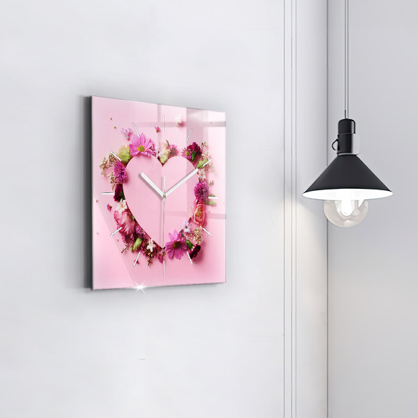 Square glass wall clock Heart of flowers