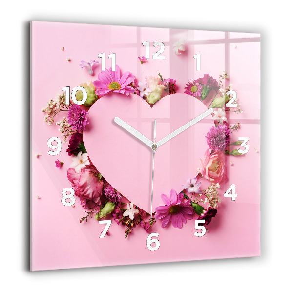 Square glass wall clock Heart of flowers