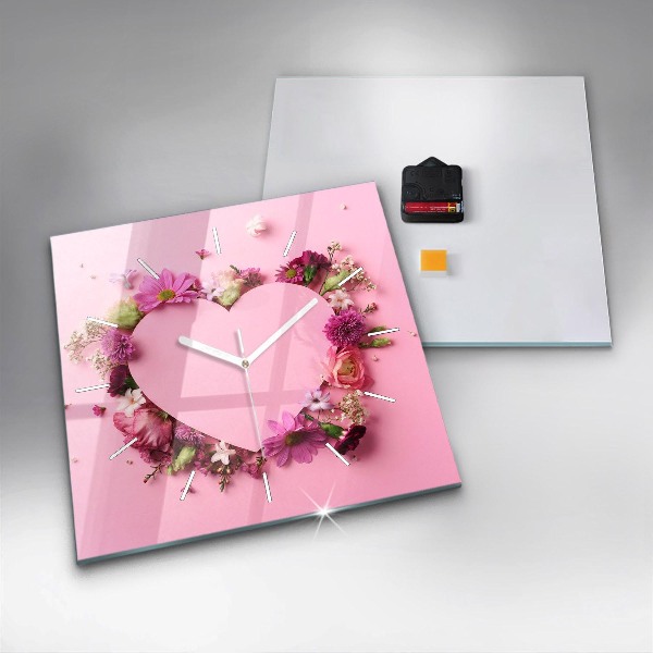 Square glass wall clock Heart of flowers