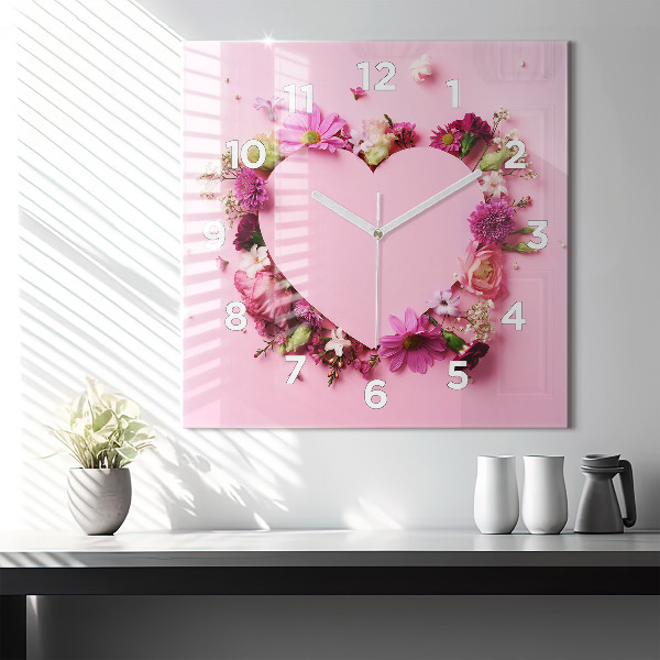 Square glass wall clock Heart of flowers